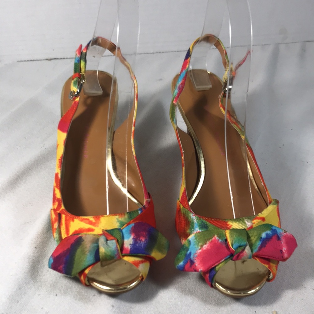 Etienne Aigner Hadley Women's Colorful Canvas With Bows Peep Toe Slingback Heels - Picture 2 of 9